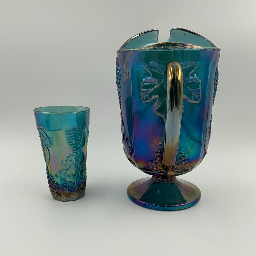 Vintage Blue Indiana Glass Grape Harvest Carnival Pitcher and Drinking Glass - Picture 4 of 8